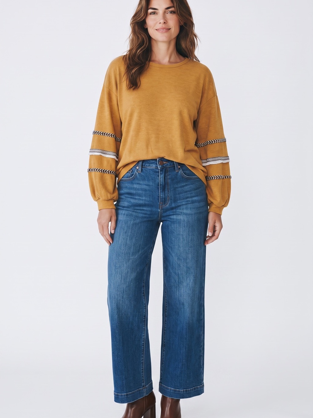 BiBi Mustard Crewneck Sweater with Striped Sleeve Detail